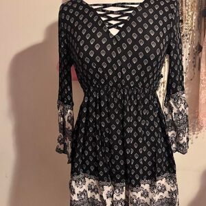 Vintage Y2K Mudd Graphic Lattice Lace-Up Boho Dress M